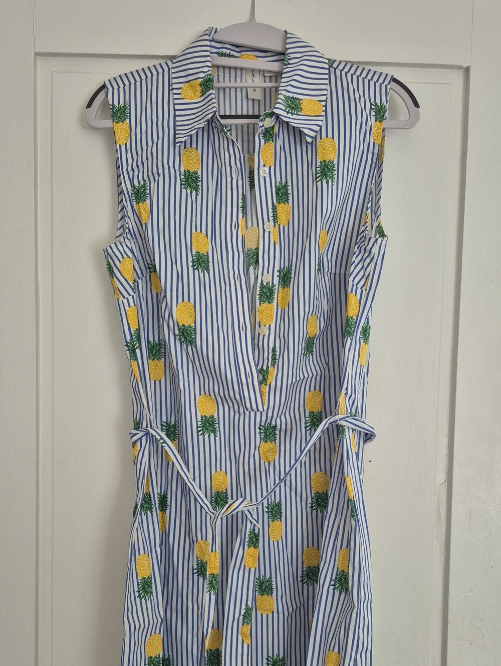Tacera Sleeveless Button-Front Pineapple Midi Dress - White/Blue/Yellow- Womens